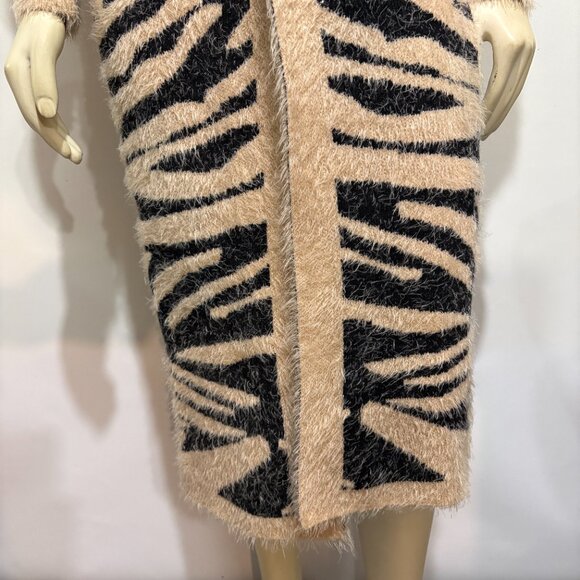 Lalavon S/M Beige Black Zebra Animal Print Long Open Fuzzy Cardigan Sweater - Picture 3 of 7
